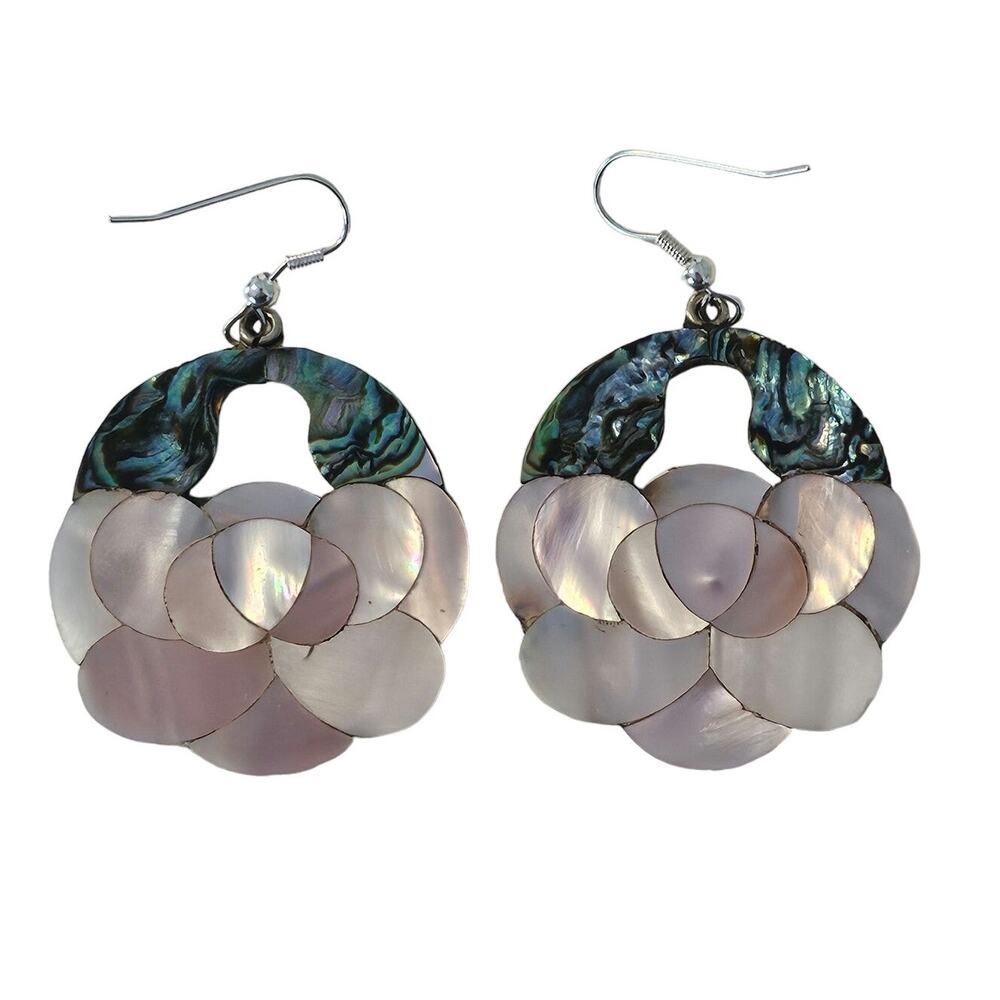 Vintage Abalone & Mother of Pearl Lotus Flower Earrings